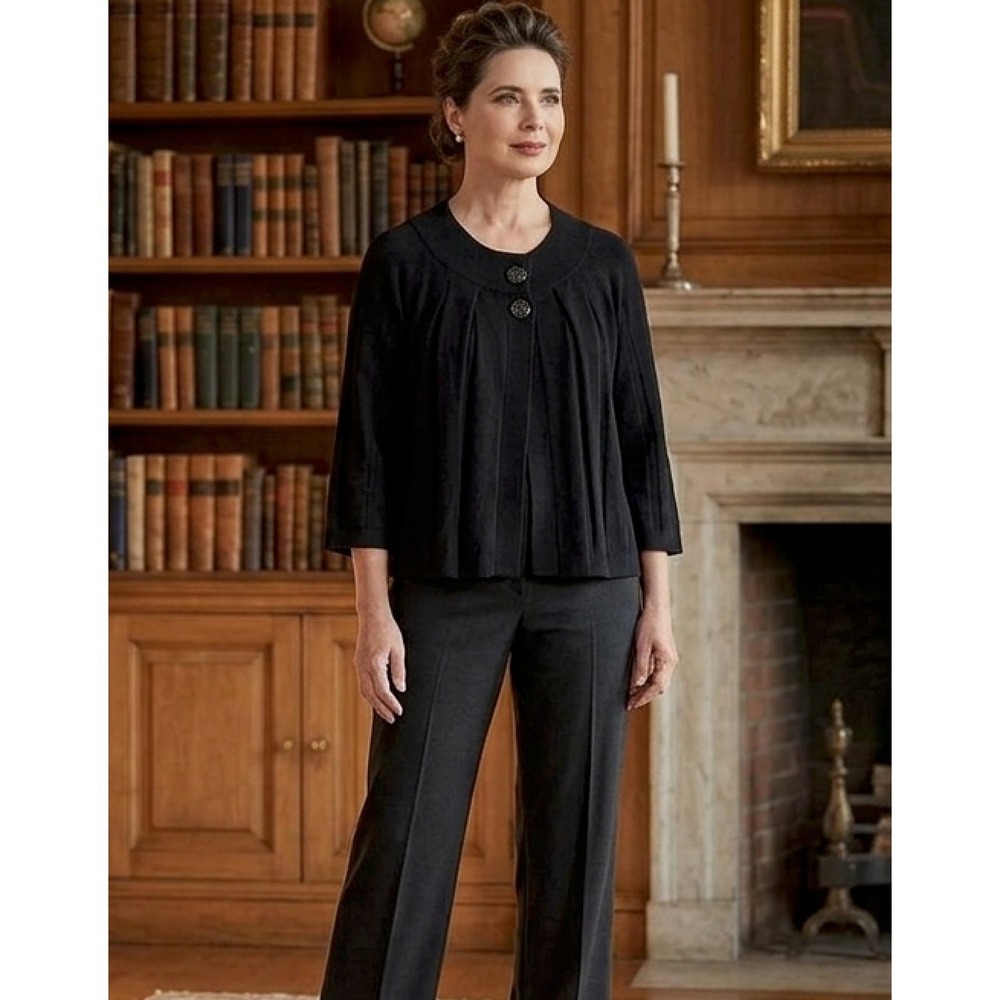 Womens Medium Black Cardigan 3/4 Sleeve Retro Mod 60s Classic Chunky Elegant